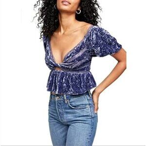 Free People Size M Yours Truly Velvet Top / Wild Moon Blue Periwinkle Lace Crop